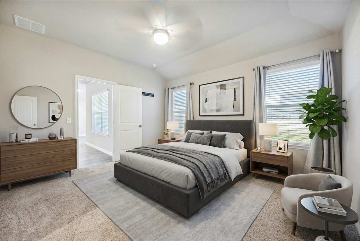 329 Empress Tree Drive Leander, TX 78641 - Photo 10 of 17 Bedroom with vaulted ceiling, multiple windows, light colored carpet, and a ceiling fan