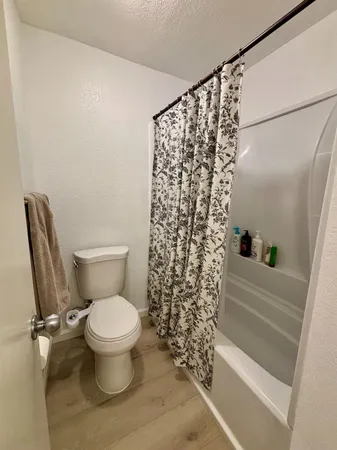 a white toilet sitting next to a shower curtain