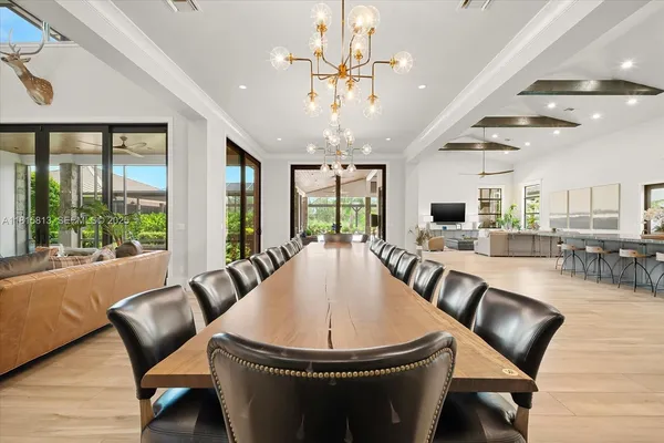 a view of a dining room with furniture window and outside view