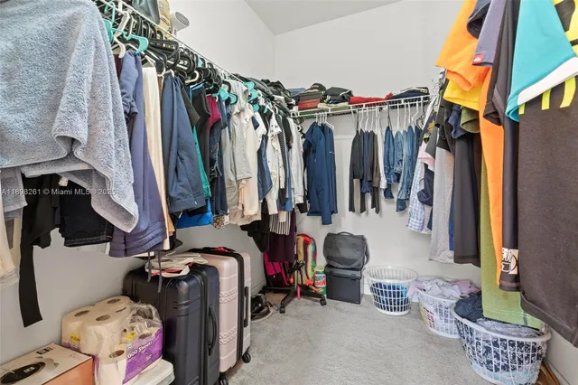 a view of walk in closet with clothes and shoes