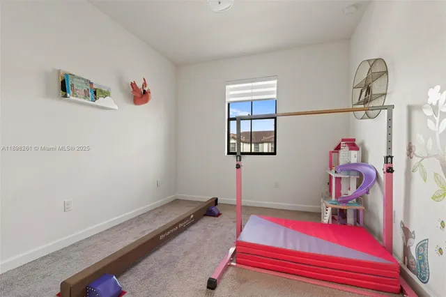 a room with gym equipment and a rug