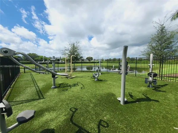 a view of a park with slide