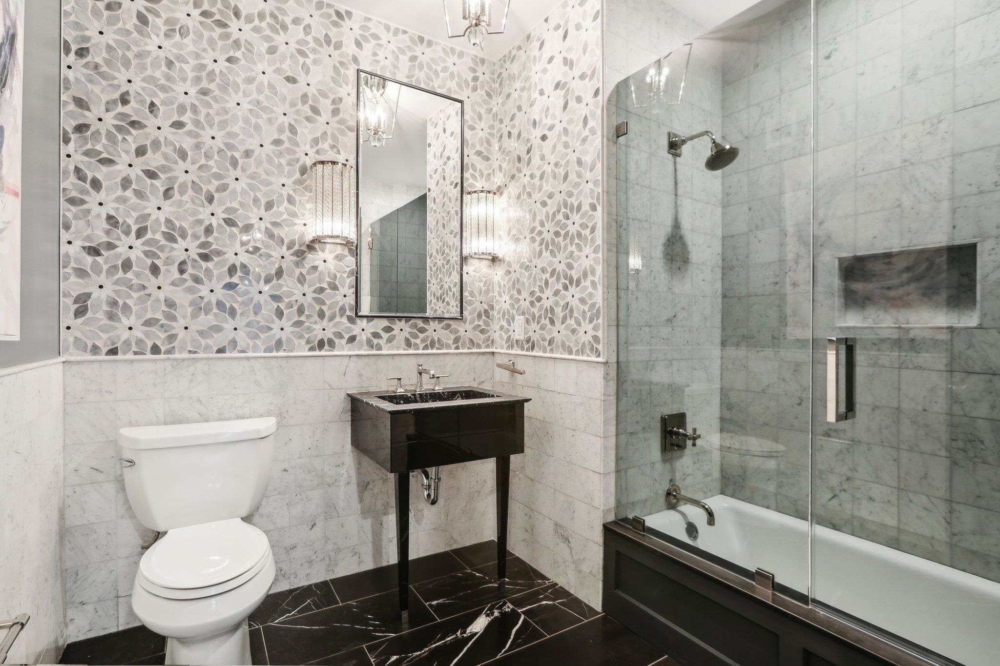 1500 Washington Street, Unit 3D Hoboken, NJ 07030 - Photo 19 of 23 a bathroom with a granite countertop sink toilet and shower