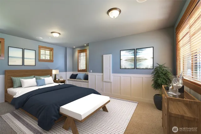 a bedroom with a large bed and potted plant with two window