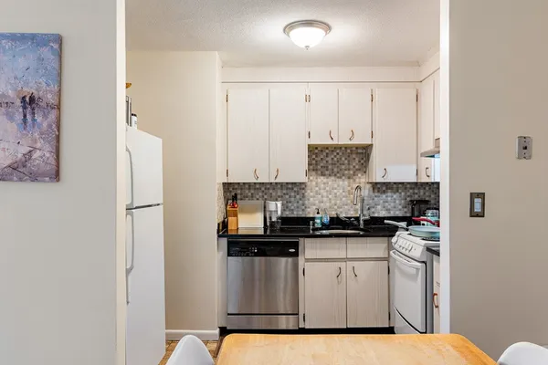 a kitchen with a sink dishwasher a refrigerator a stove and white cabinets