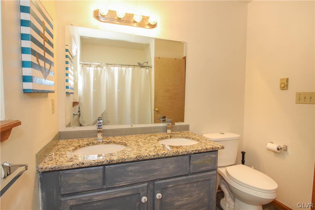 4219 Winchester Way Bushkill, PA 18324 - Photo 16 of 49 a bathroom with a granite countertop sink a toilet and a mirror