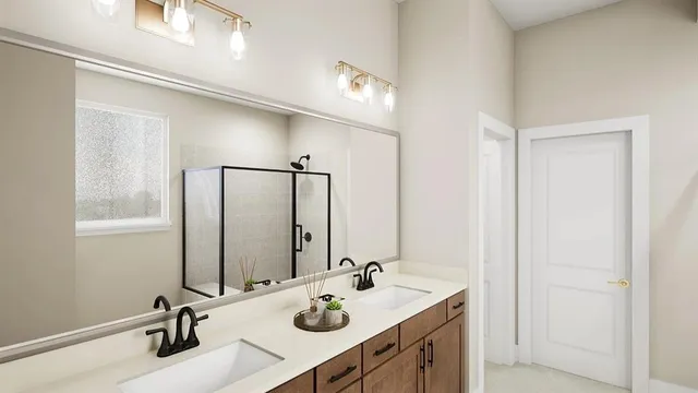 a bathroom with a sink vanity and a mirror