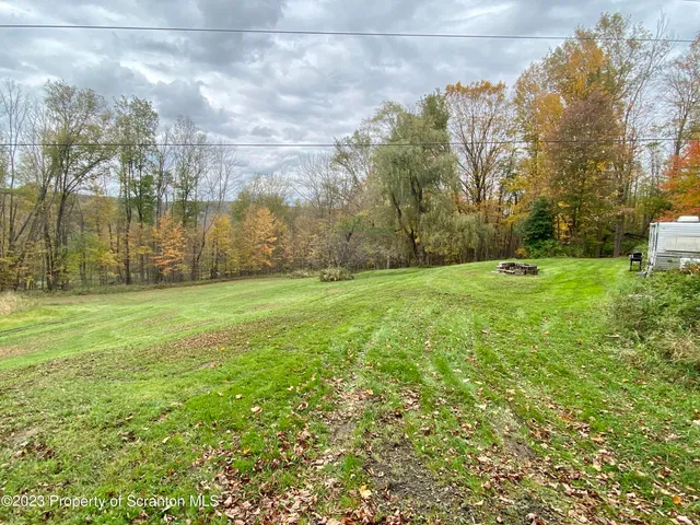 a backyard of apartments with large trees