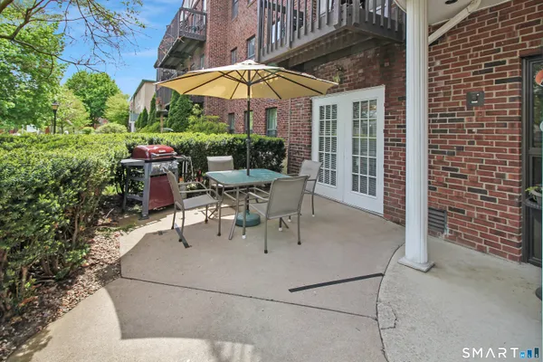 a view of a park with large trees