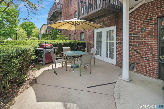 a view of a park with large trees