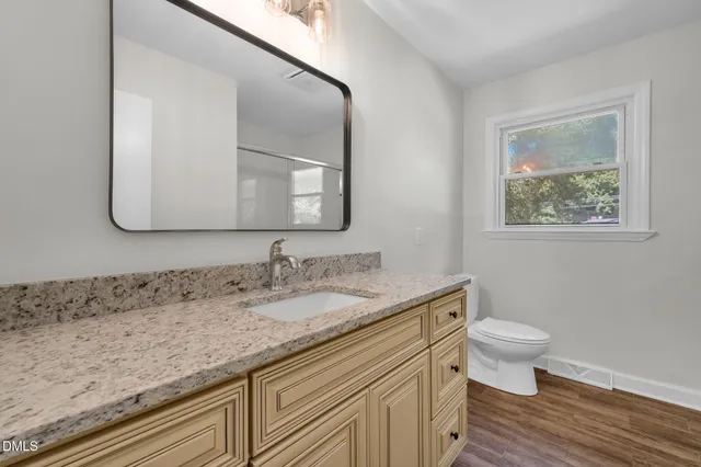 a bathroom with a granite countertop sink a toilet and a mirror