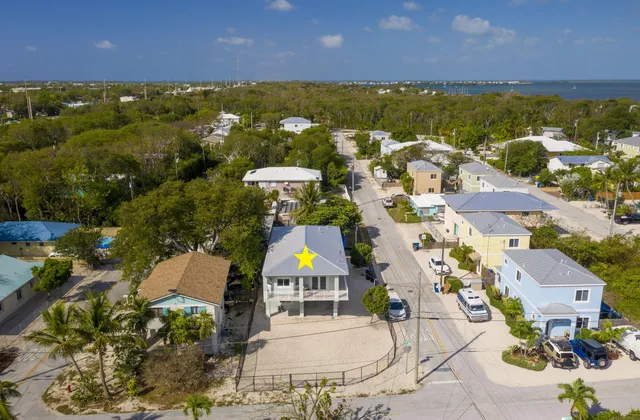an aerial view of residential houses with outdoor space and ocean view