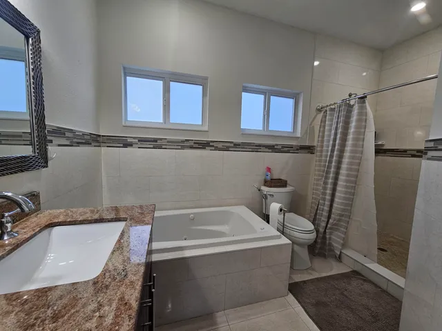 a bathroom with a granite countertop sink toilet and shower