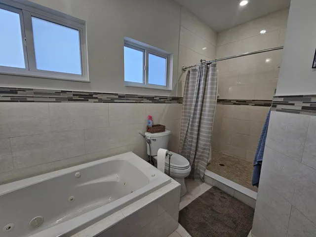 a bathroom with a shower a toilet and sink