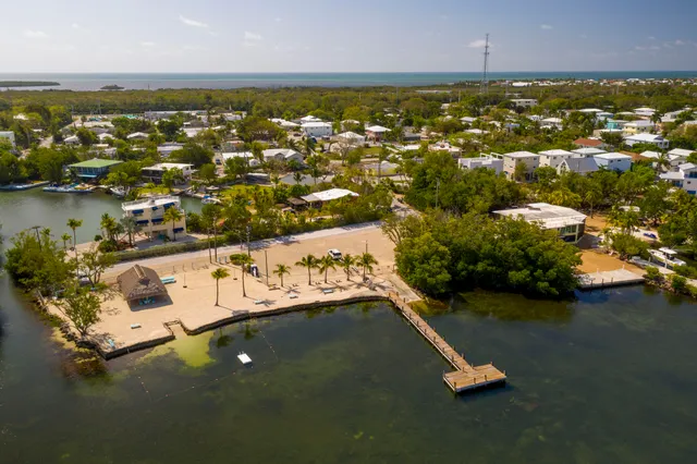 an aerial view of residential houses with outdoor space and lake view