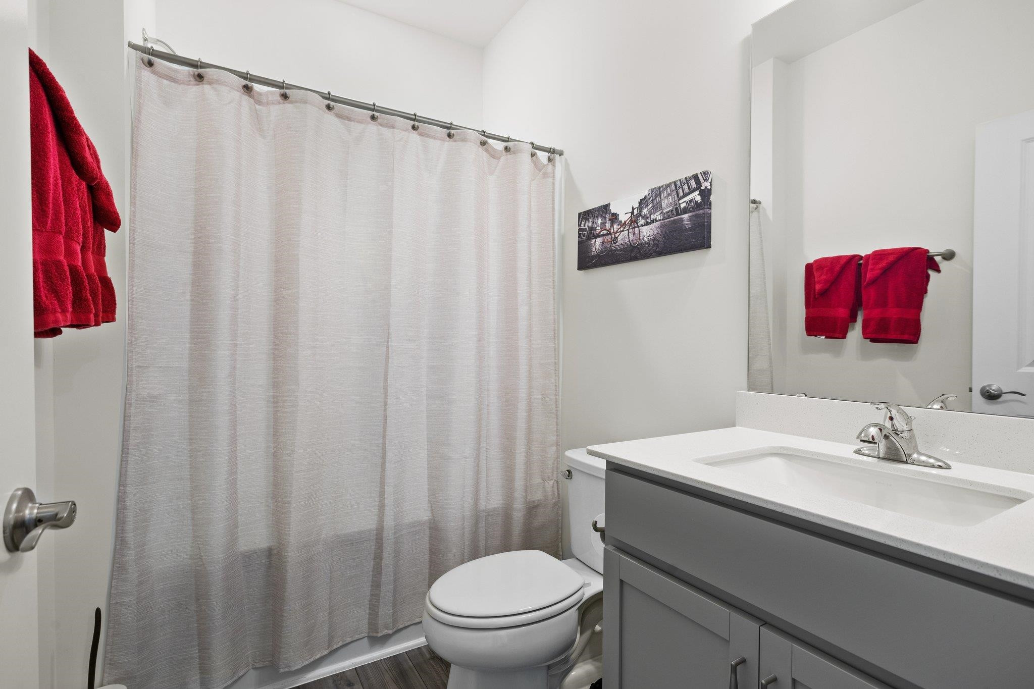 816 Heartpine Drive Mebane, NC 27302 - Photo 24 of 56 a bathroom with a sink a toilet and shower curtain