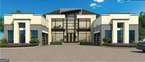 a front view of a building with a road