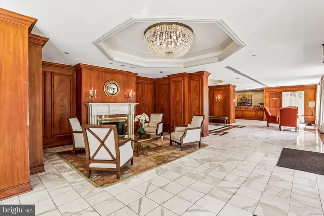 a view of a park with large trees