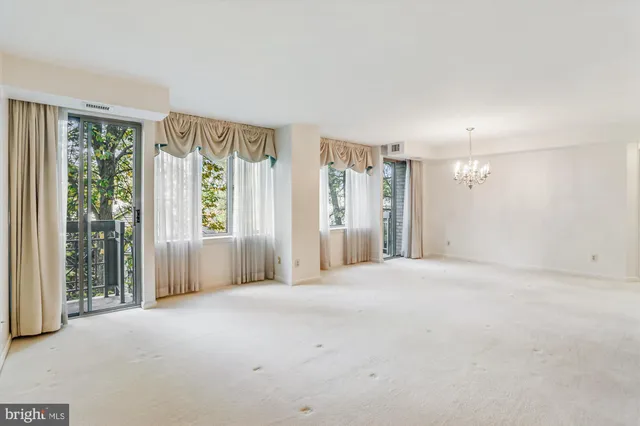 a view of a big room with windows and closet