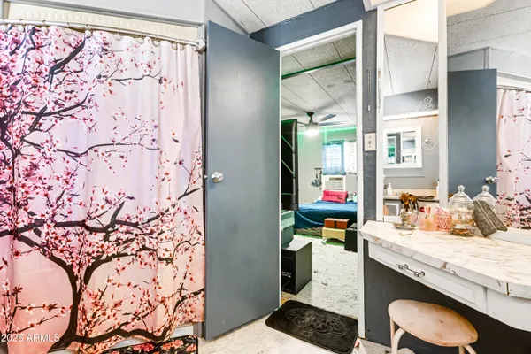 a bathroom with a sink and a mirror