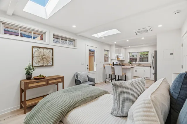 a living room with furniture and a potted plant
