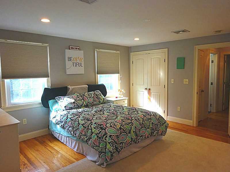 48 Pleasant Street Portsmouth, RI 02871 - Photo 22 of 25 Bedroom. On the second floor, this is one of the two bedrooms and measures approx. 15.7 x 15. it features custom room darking shades , recessed lightening, shiny hardwood flooring, double closet and another single closet and under eve storage