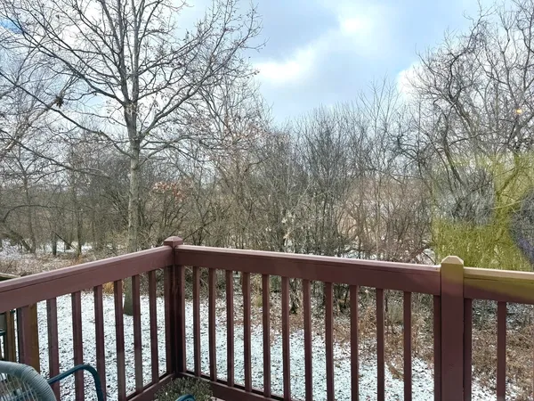 a view of a wooden deck and forest
