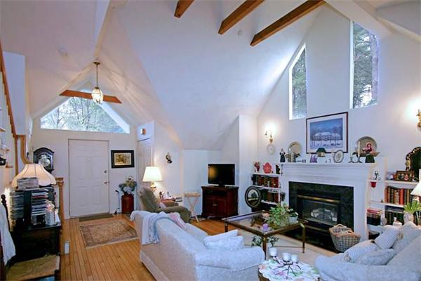 14 Deer Path, Unit 14 Hudson, MA 01749 - Photo 5 of 18 a living room with furniture a fireplace and a chandelier