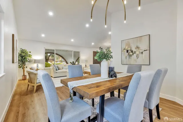 a view of a dining room with furniture