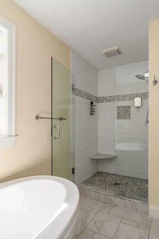 a bathroom with a bathtub and a shower