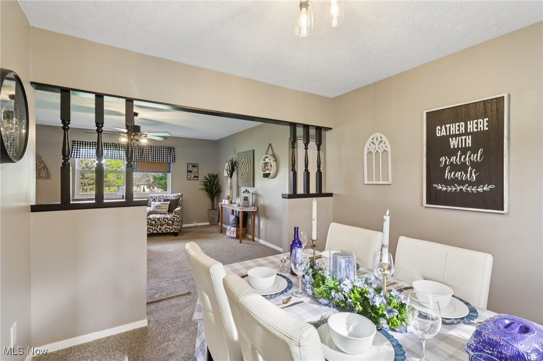6370 Trumbull Road Geneva, OH 44041 - Photo 7 of 50 Dining space with carpet, a textured ceiling, and ceiling fan