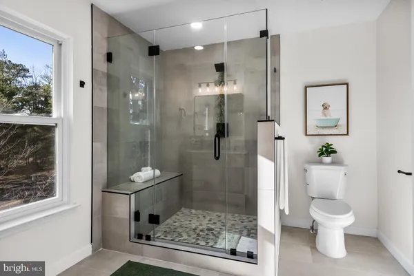 a bathroom with a shower toilet and sink