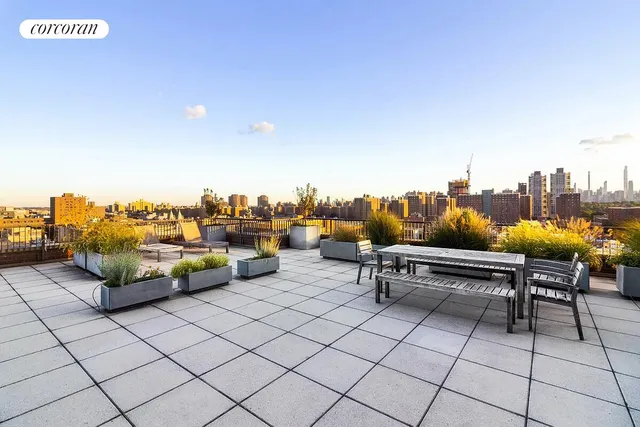a terrace with outdoor seating and trees