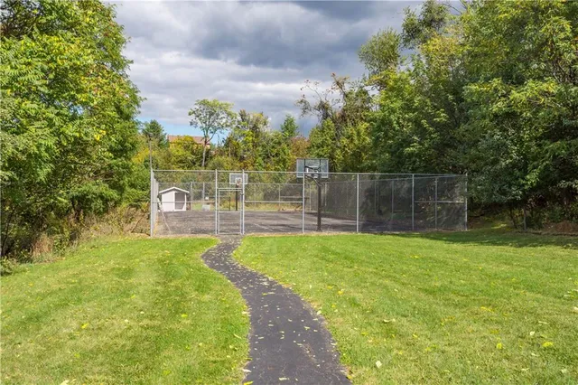 a view of a garden with a slide
