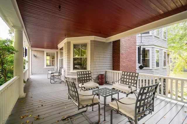 a view of a patio with furniture