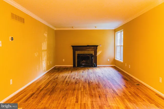 a view of empty room with wooden floor and fireplace