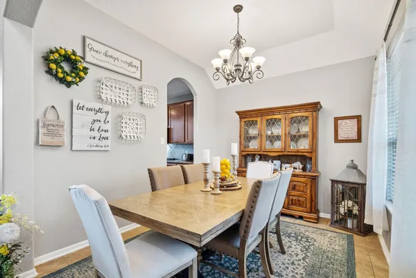 a view of a dining room with furniture