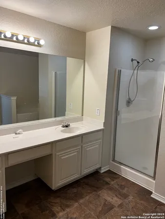a bathroom with a sink mirror and a bathtub