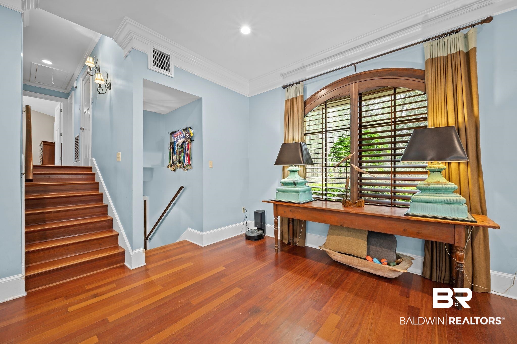 7850 Yorkhaven Road Mobile, AL 36695 - Photo 20 of 57 Office space featuring visible vents, wood finished floors, crown molding, baseboards, and attic access