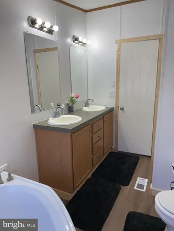 a bathroom with a sink a toilet a mirror and vanity