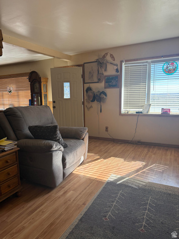 665 Molen Road Ferron, UT 84523 - Photo 5 of 21 Living area featuring wood finished floors and beamed ceiling