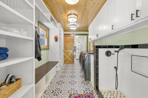 a living room with a couch and a table