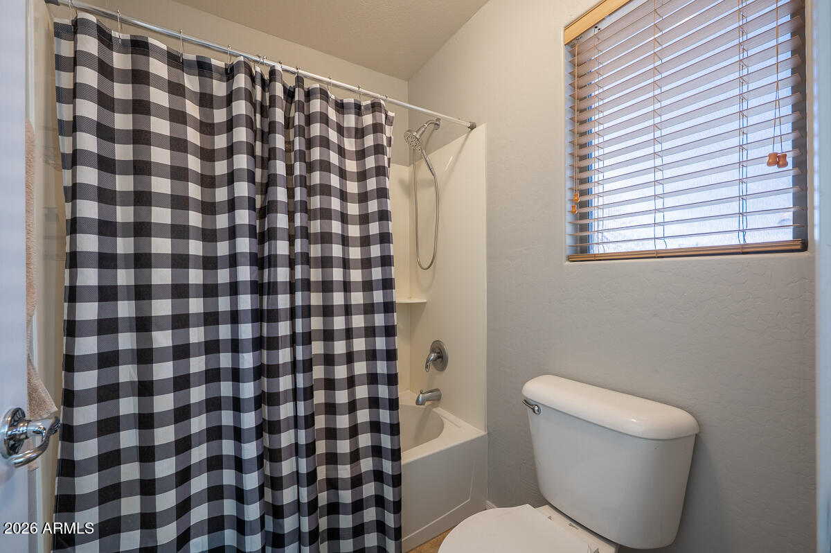 3328 East Merlot Street Gilbert, AZ 85298 - Photo 34 of 48 a bathroom with a toilet and a shower curtain