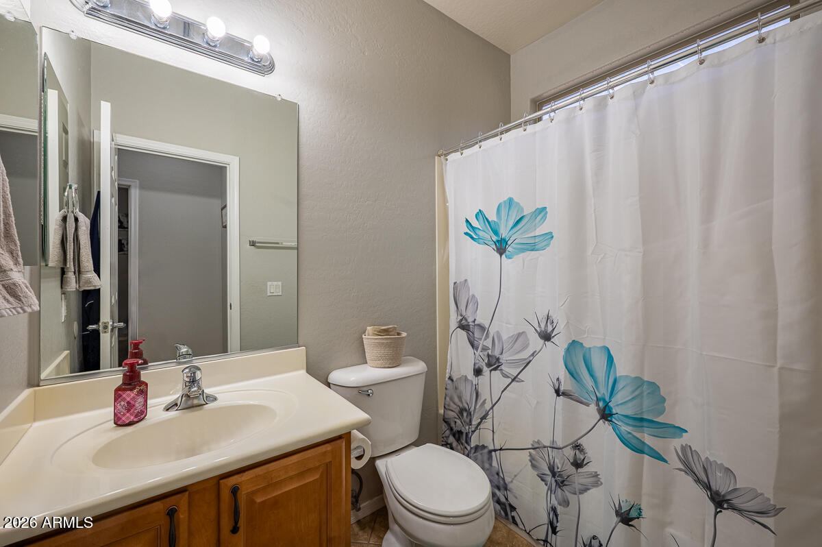 3328 East Merlot Street Gilbert, AZ 85298 - Photo 41 of 48 a bathroom with a sink a toilet and shower curtain