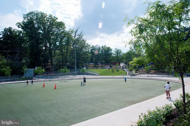 a view of a park with slide
