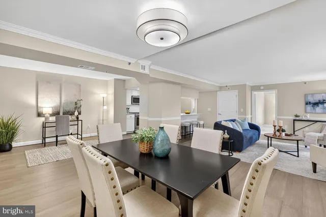 a view of a dining room with furniture