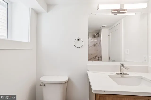a bathroom with a sink a toilet and mirror