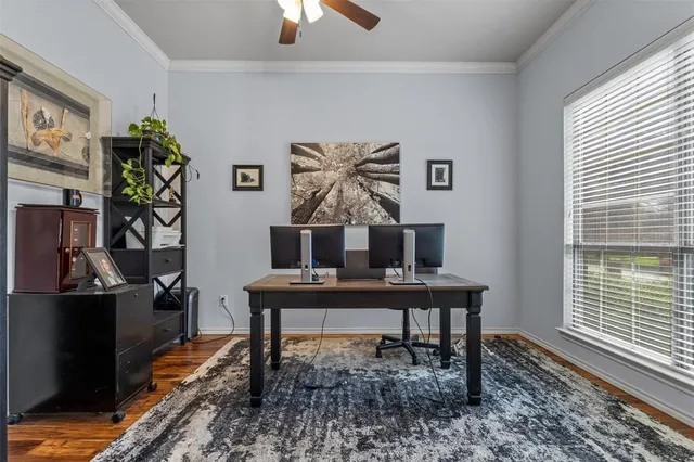 a view of a workspace with furniture and a potted plant