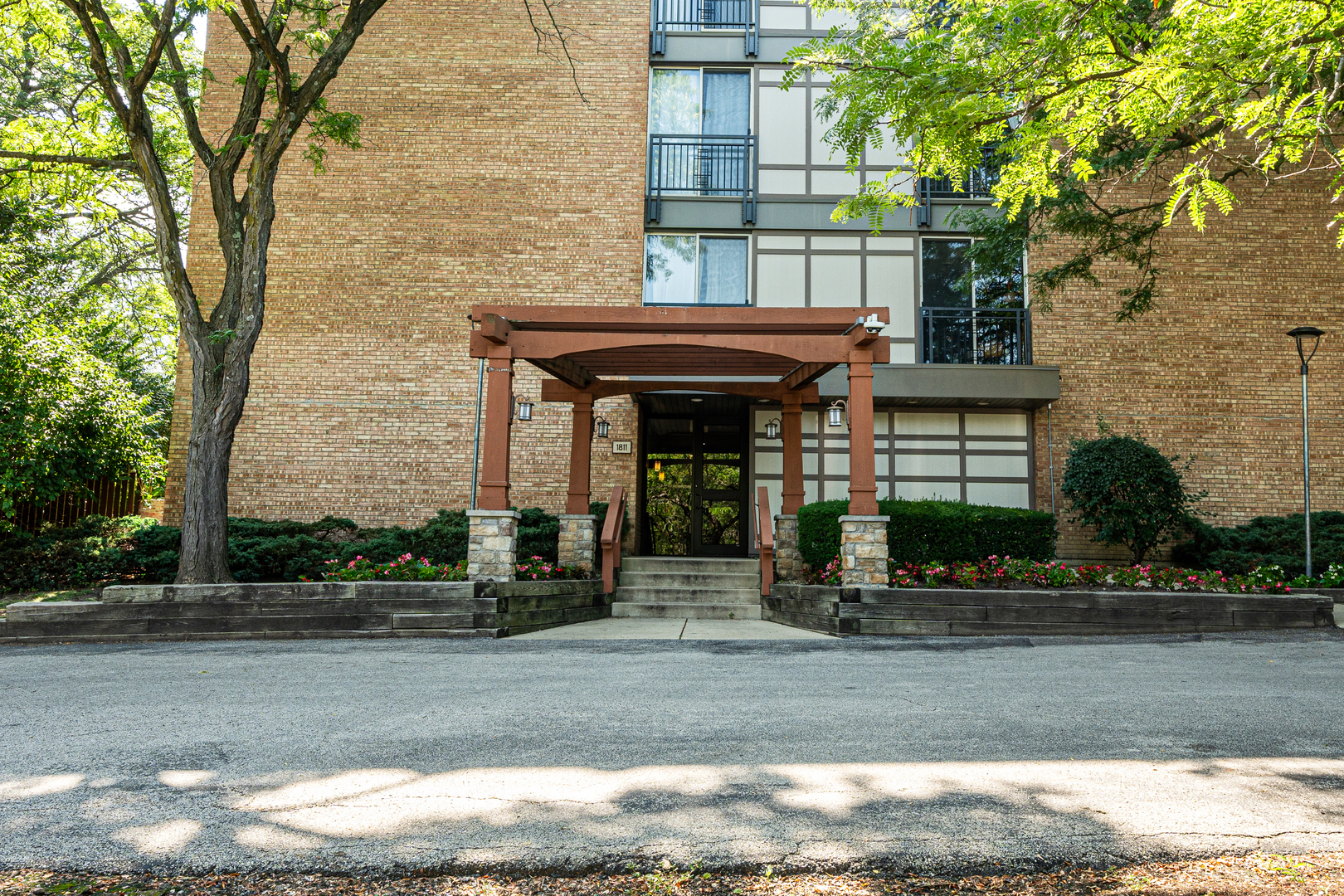 front view of a building with a street