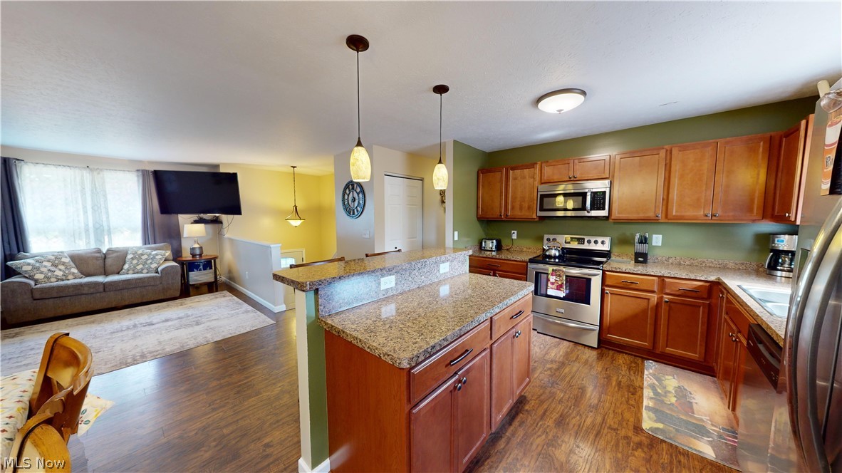 3805 Townline Road Madison, OH 44057 - Photo 3 of 38 Kitchen featuring a center island, dark wood-type flooring, light stone counters, stainless steel appliances, and pendant lighting
